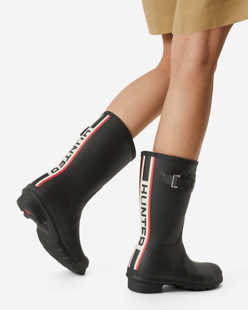 Botas Wellington Hunter Tri-Colour Logo Backstrap Short Feminino Pretas | 819532961